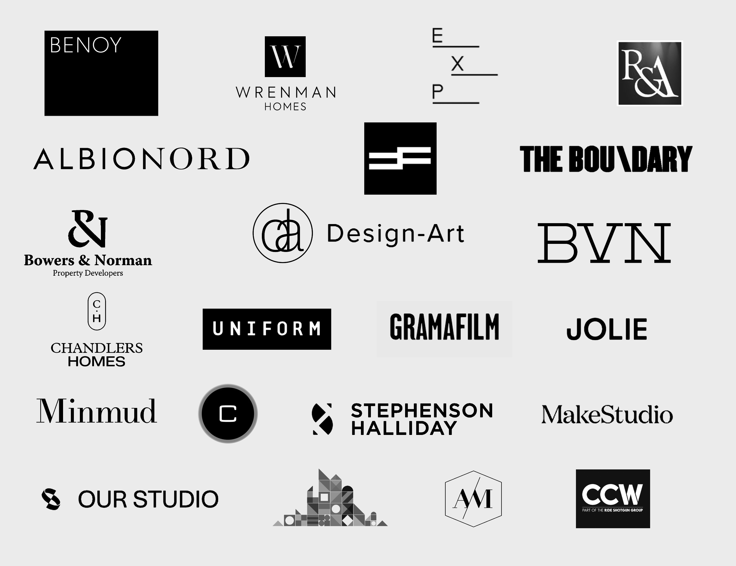 Client logos: Benoy, Wrenman Homes, EXP, R&A, Albion Nord, Factory Fifteen, The Boundary, Bowers & Norman, Design-Art, BVN, Chandlers Homes, Uniform, Gramafilm, Jolie, Minmud, Cityscape Digital, Stephenson Halliday, MakeStudio, Our Studio, The Neighbourhood, Arc Media and Creative Content Works.