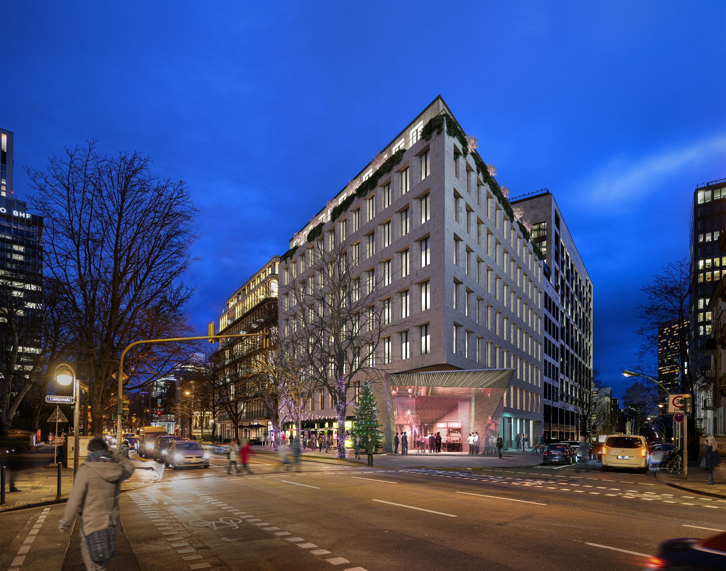 Architectural visualisation of a city street at dusk